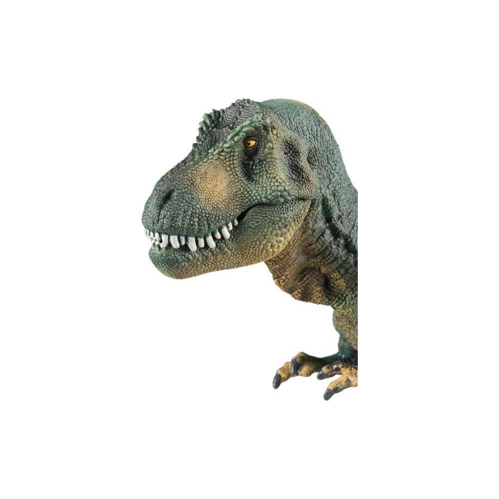 Zielony Tyranozaur Rex z ostrymi zębami i pazurami na białym tle.