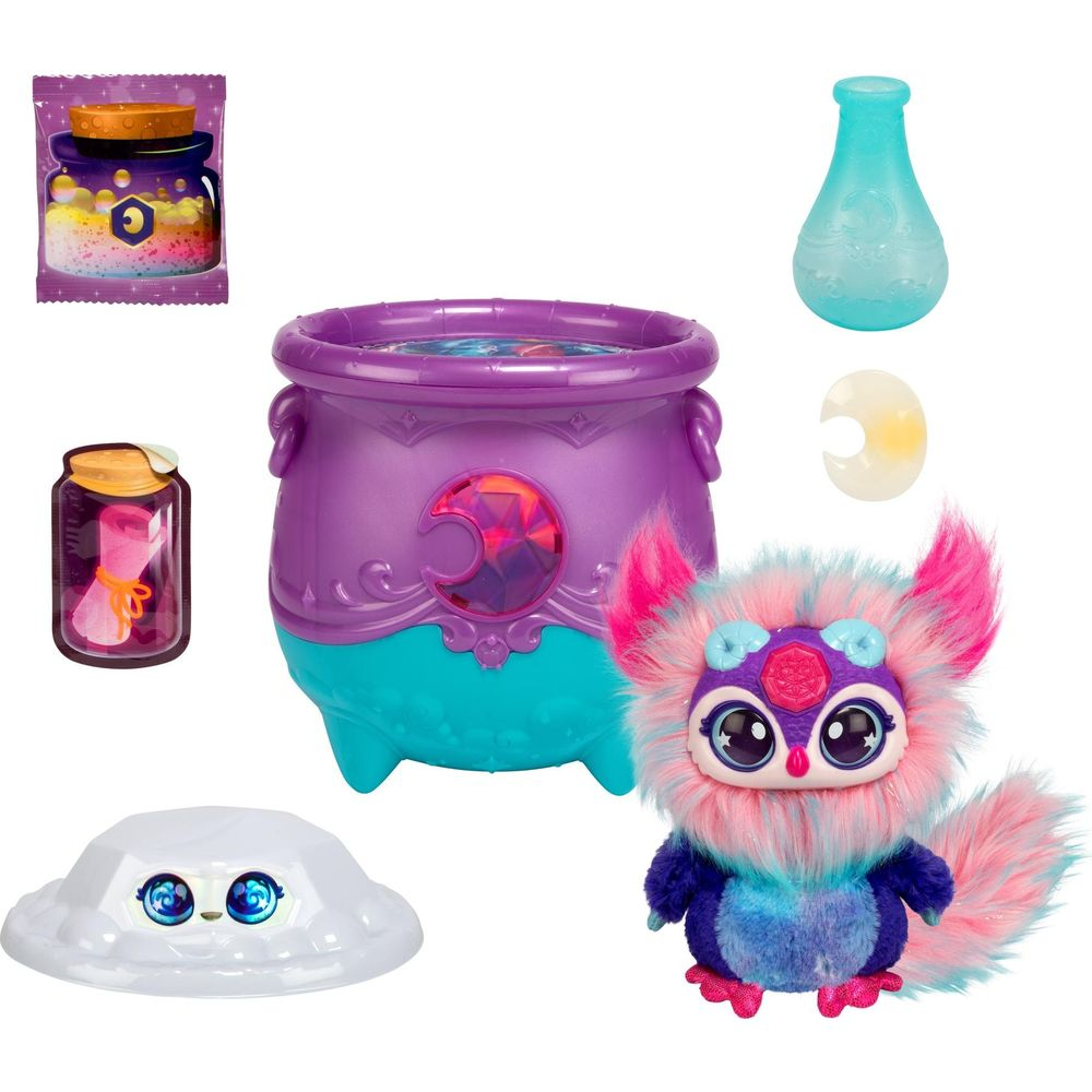 Ein lila Kesselspielzeug mit flauschigem Wesen, Gläsern und Zaubertrankflasche.