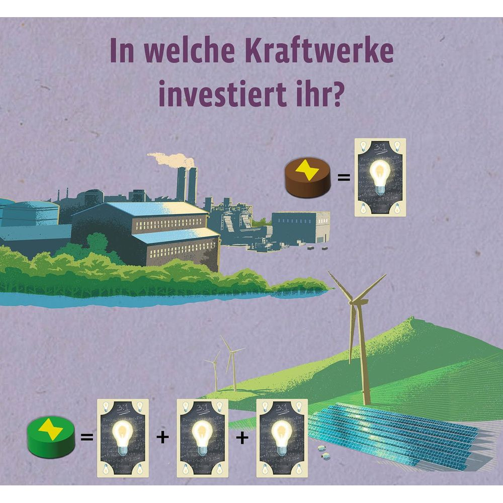 Industrieanlage, Windräder, Solarpaneele und Spielsteine mit Glühbirnen und Blitzen.