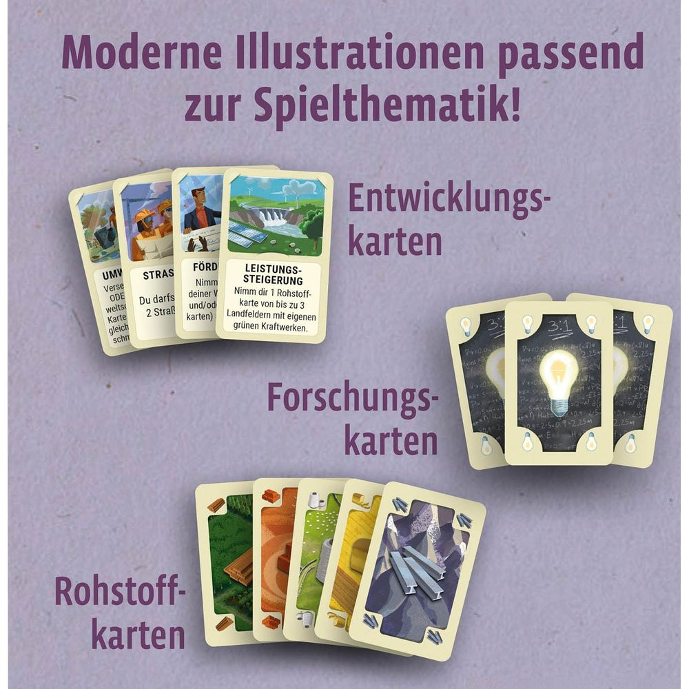 Spielkarten mit Illustrationen von Kraftwerken, Windrädern und Diagrammen.