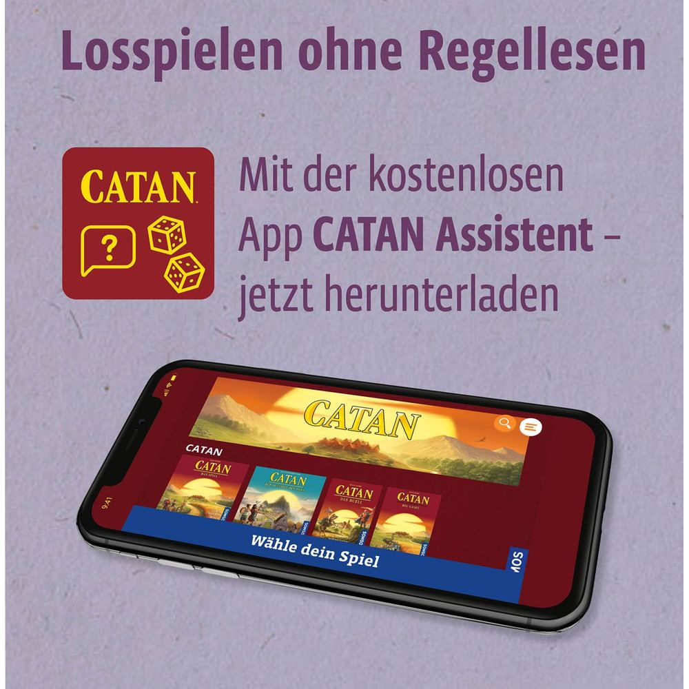 CATAN-App-Werbung auf einem Smartphone mit Würfeln und Fragezeichen.