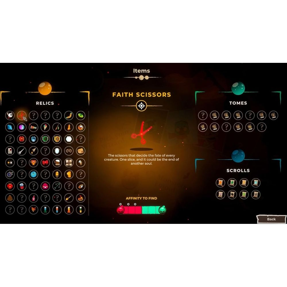 Un menu di gioco mostra le "Forbici della Fede" con reliquie, tomi e pergamene.
