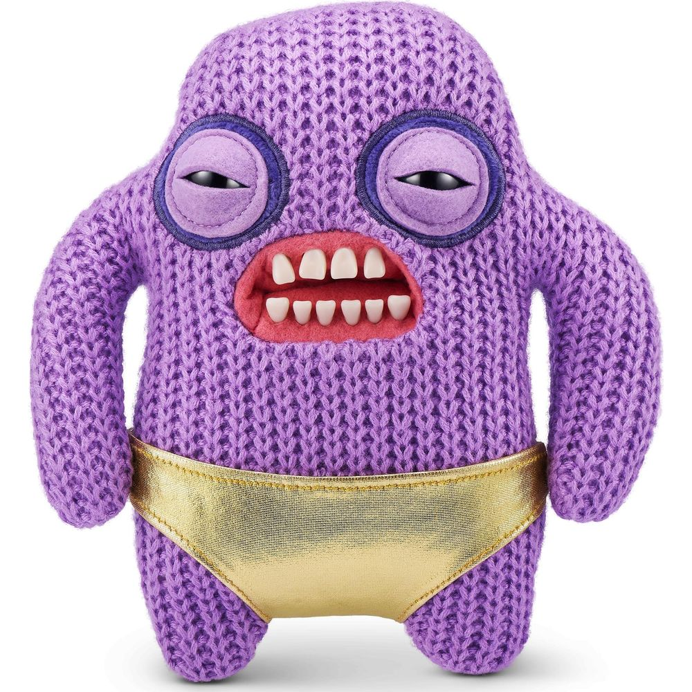 Un monstre violet tricoté portant une culotte dorée et de grandes dents.