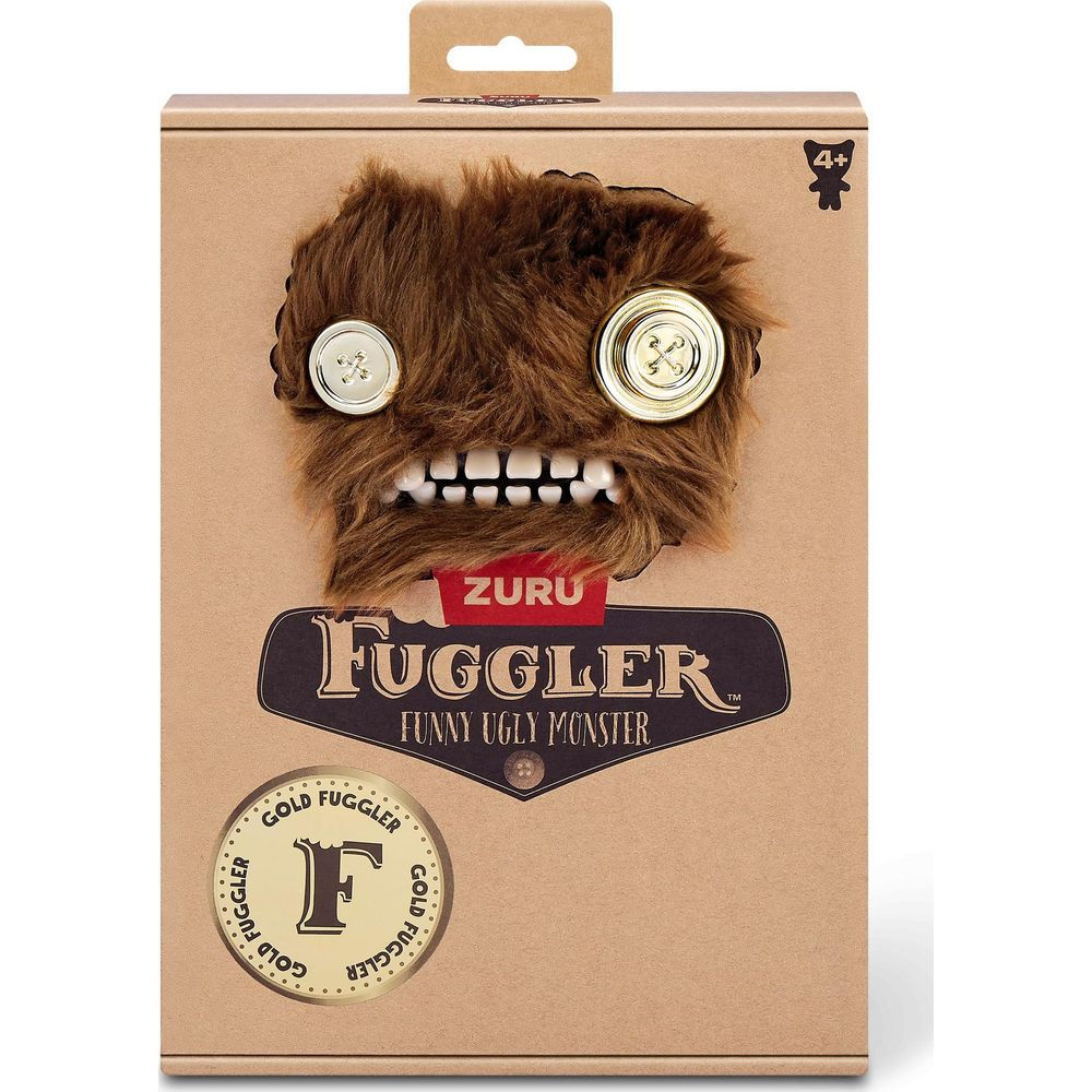Une boîte de jouet Fuggler marron avec un visage de monstre effrayant.
