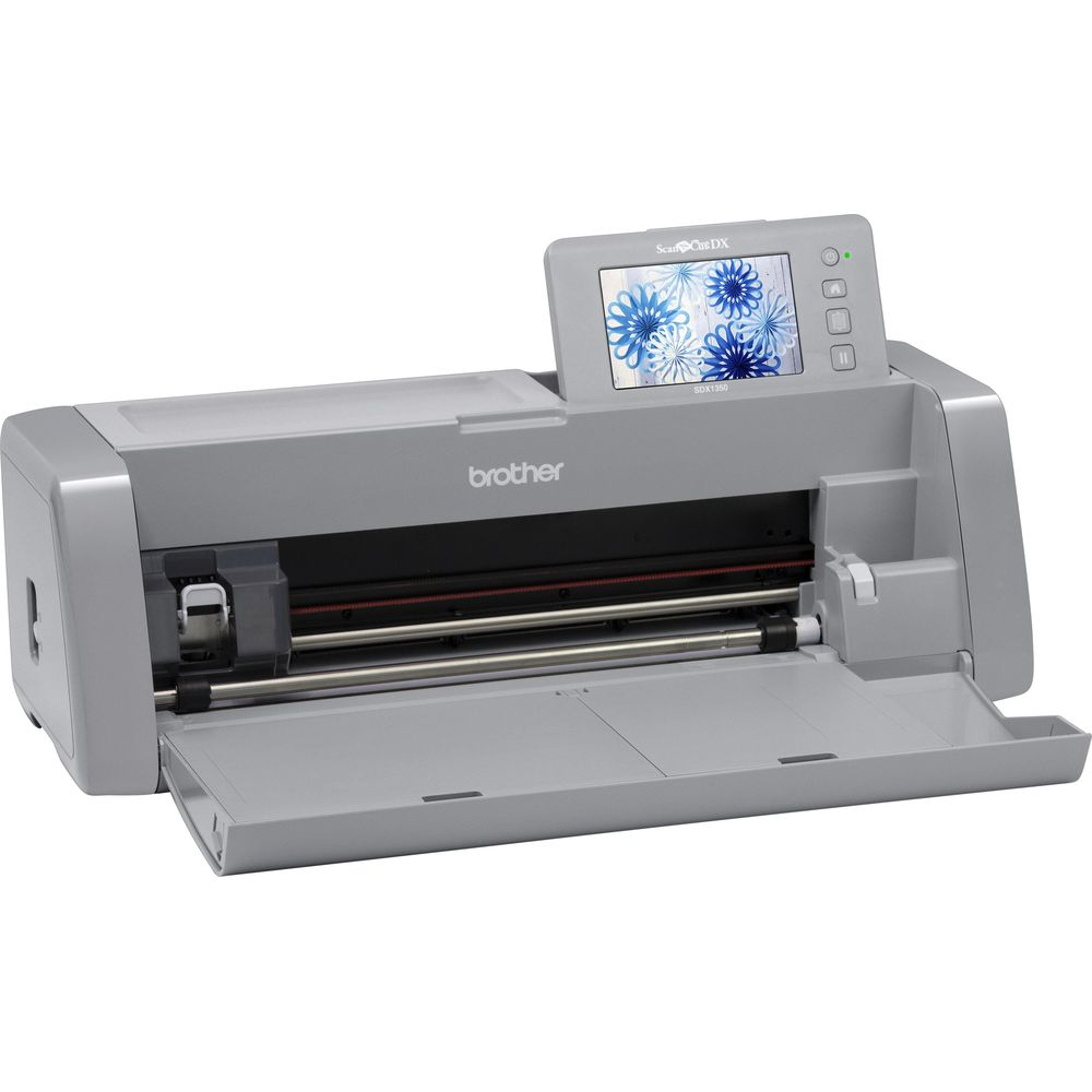 Grauer Schneideplotter mit Touchscreen, der blaue Blumen zeigt.