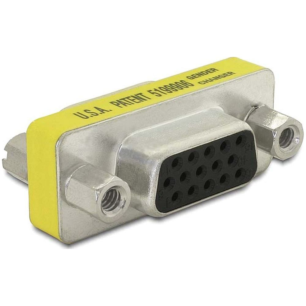 Un connettore VGA gender changer con corpo argentato e etichetta gialla.