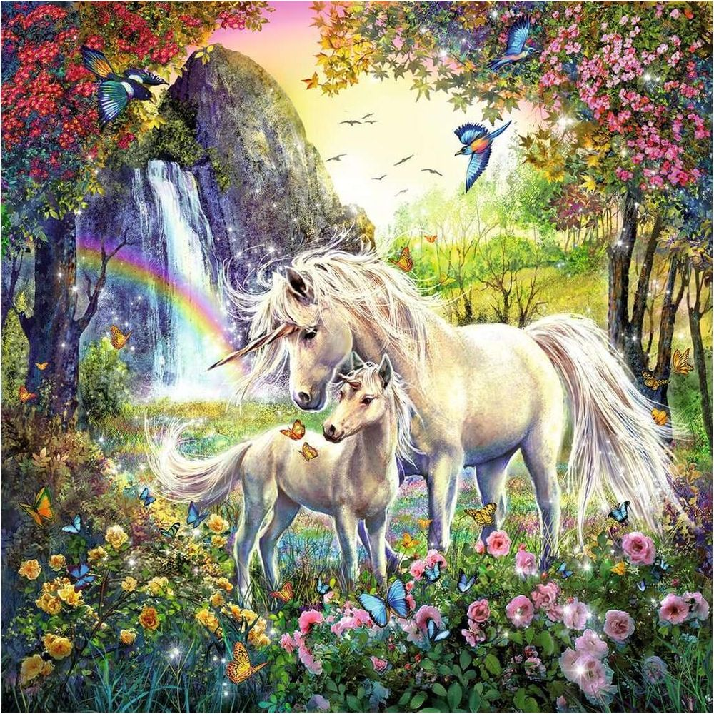 Twee witte eenhoorns in een bloeiende weide met vlinders en een waterval.