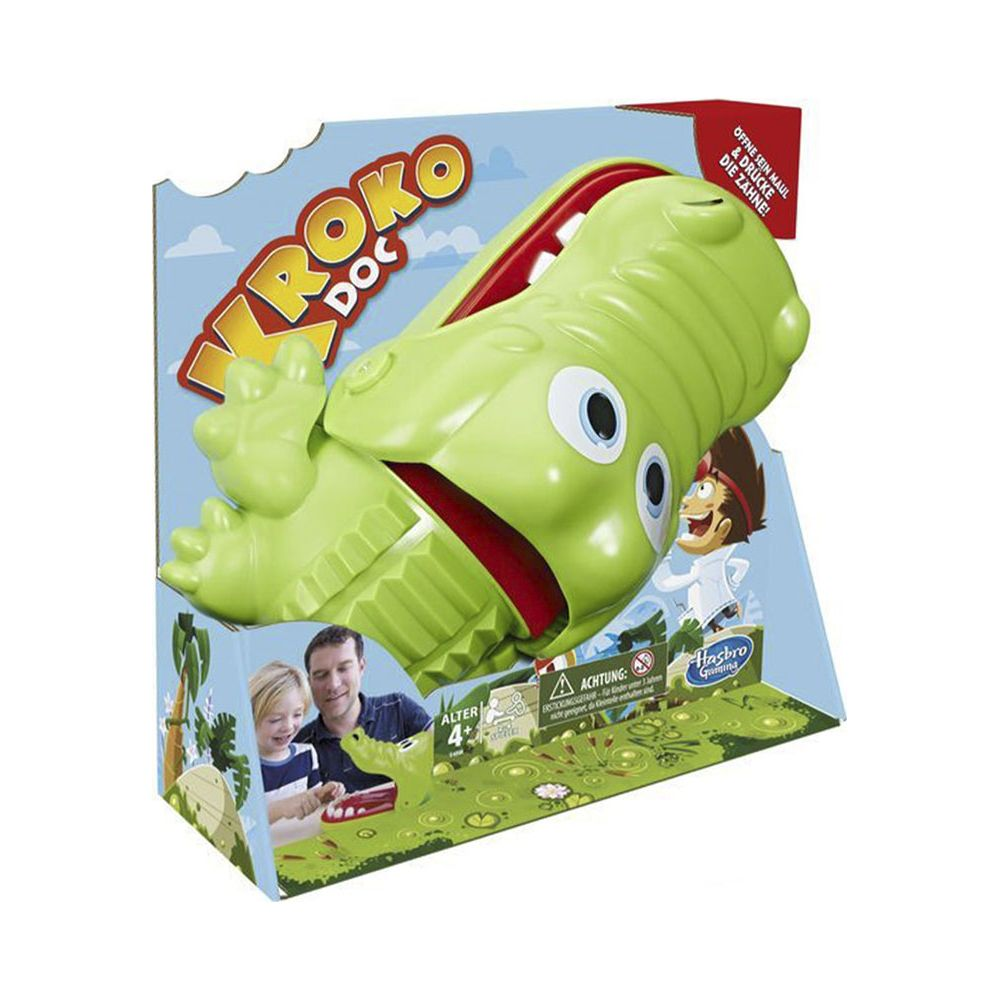 Zielona zabawka krokodyl w opakowaniu, z dziećmi i rodzicami.