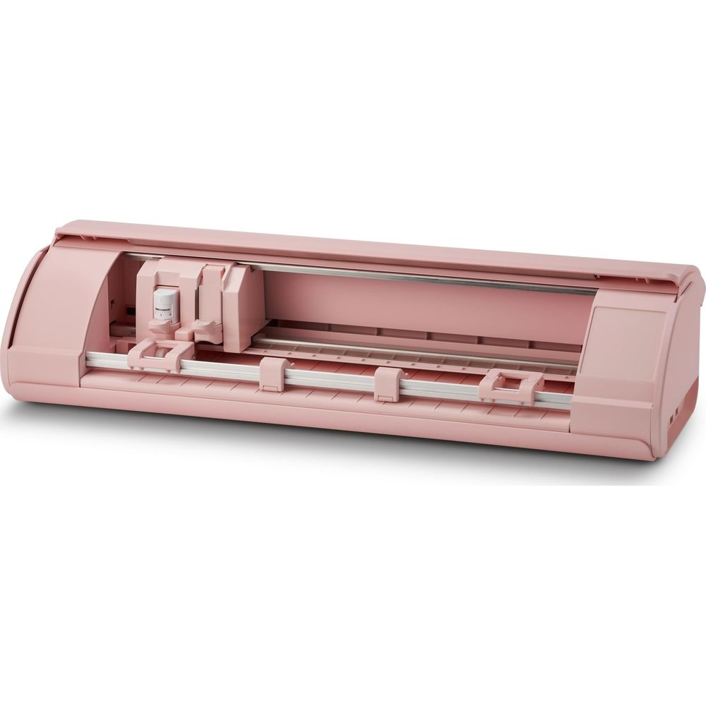 Une machine de découpe rose avec des barres métalliques argentées et une tête de coupe.