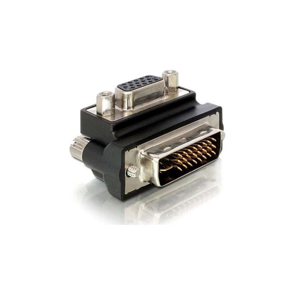 Czarny adapter ze złączami DVI i VGA na białym tle.