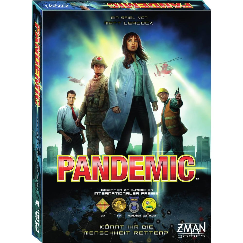 Pandemic Brettspiel: 4 Personen vor Stadtkulisse, Helikopter.