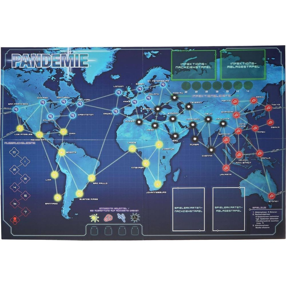 Eine Weltkarte mit verbundenen Städten und Spielkartenbereichen.
