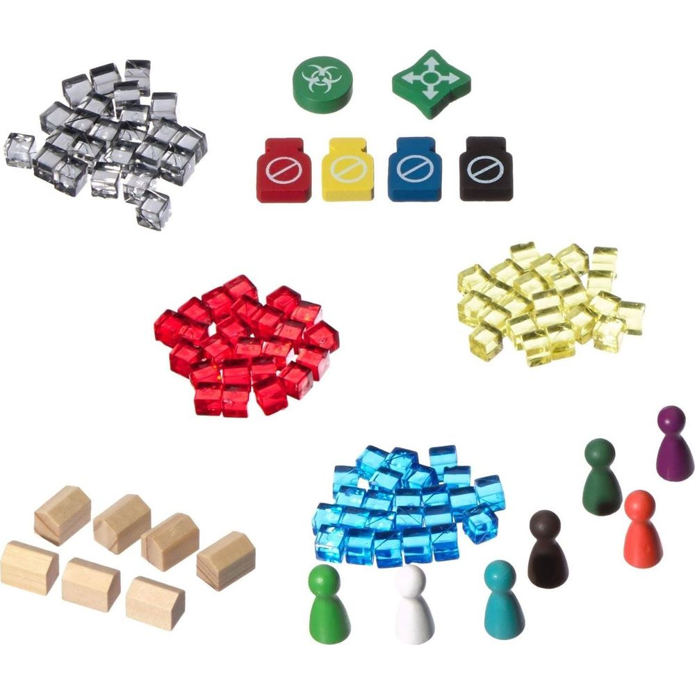 Spielsteine: rote, gelbe, blaue, graue Würfel, Holzhäuser, Spielfiguren.