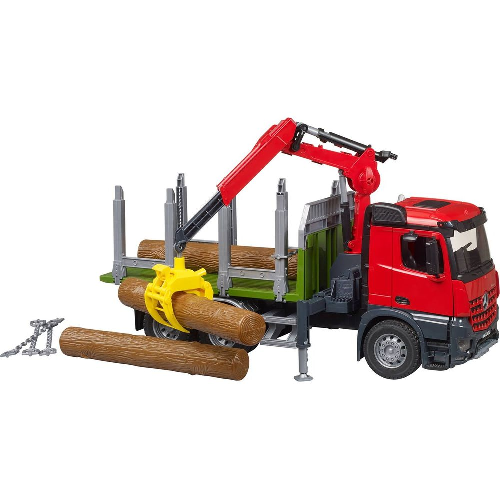 Ein roter LKW mit Kran und Holzstämmen beladen, auf weißem Hintergrund.