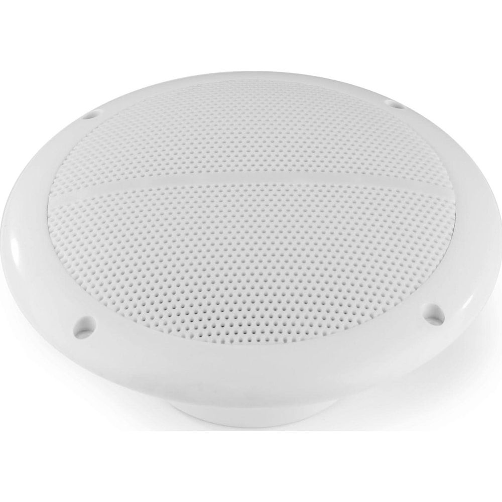 Un altavoz redondo blanco con superficie perforada y orificios de montaje visibles.