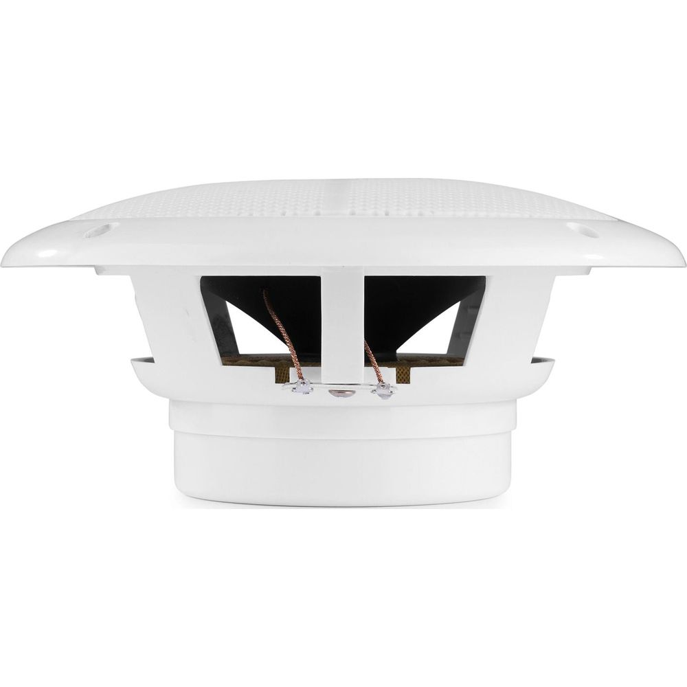 Componente de altavoz blanco con cables visibles y interior negro.