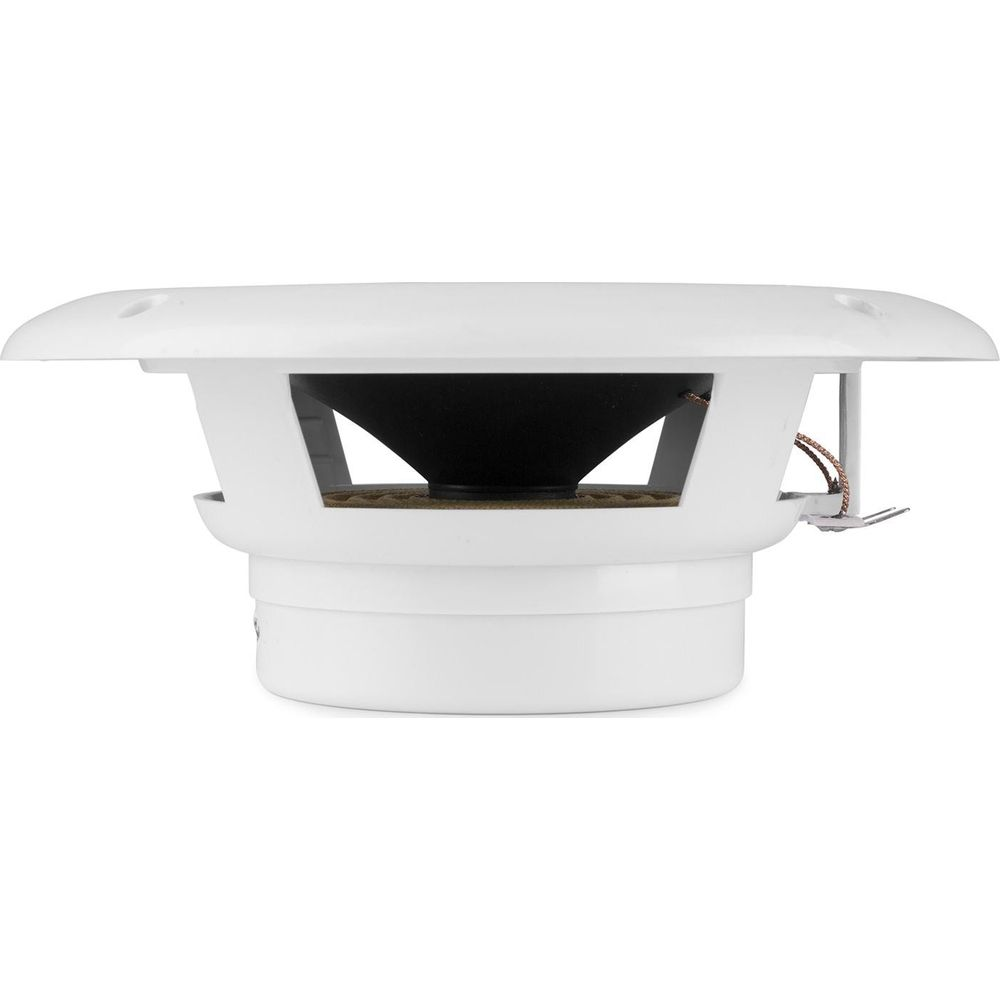 Unidad de altavoz blanca con cono negro y cableado visible.