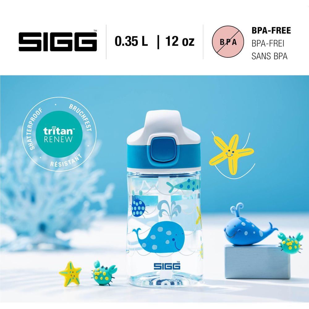 Blaue SIGG-Trinkflasche mit Wal-Motiv, BPA-frei, 0,35 L.