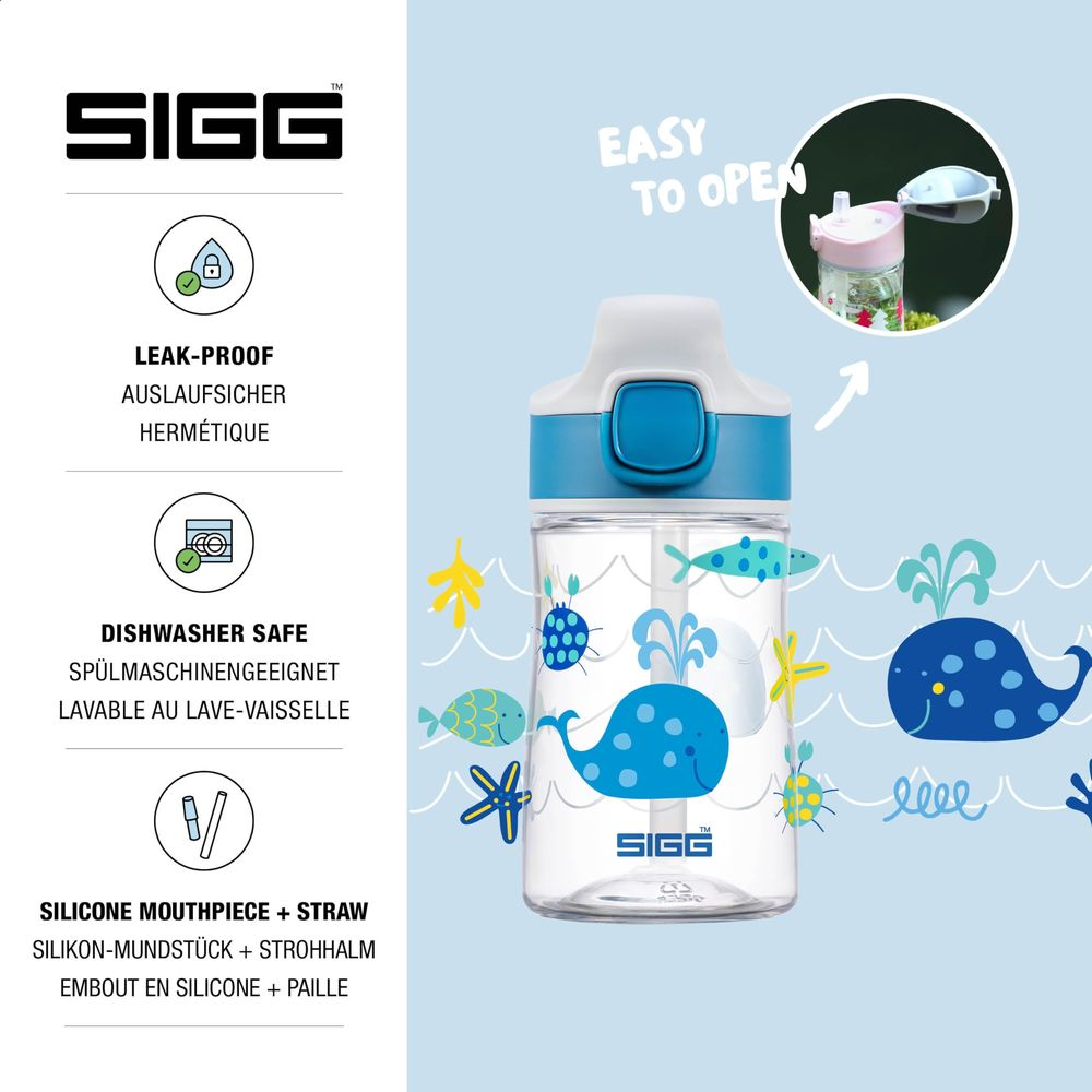 SIGG Trinkflasche mit Wal-Motiv, blau-weiß, leicht zu öffnen.