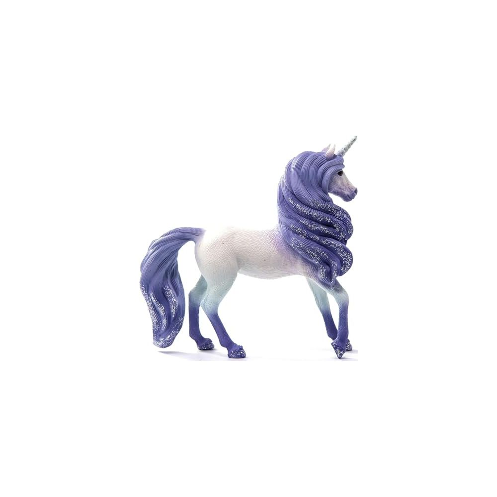 Biały jednorożec z fioletową grzywą i ogonem, ozdobiony brokatem.