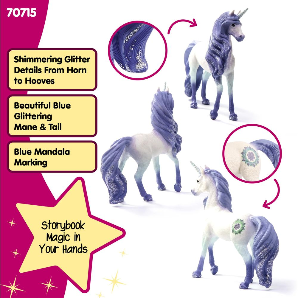 Błyszczący jednorożec z niebieską grzywą i znakiem mandali.