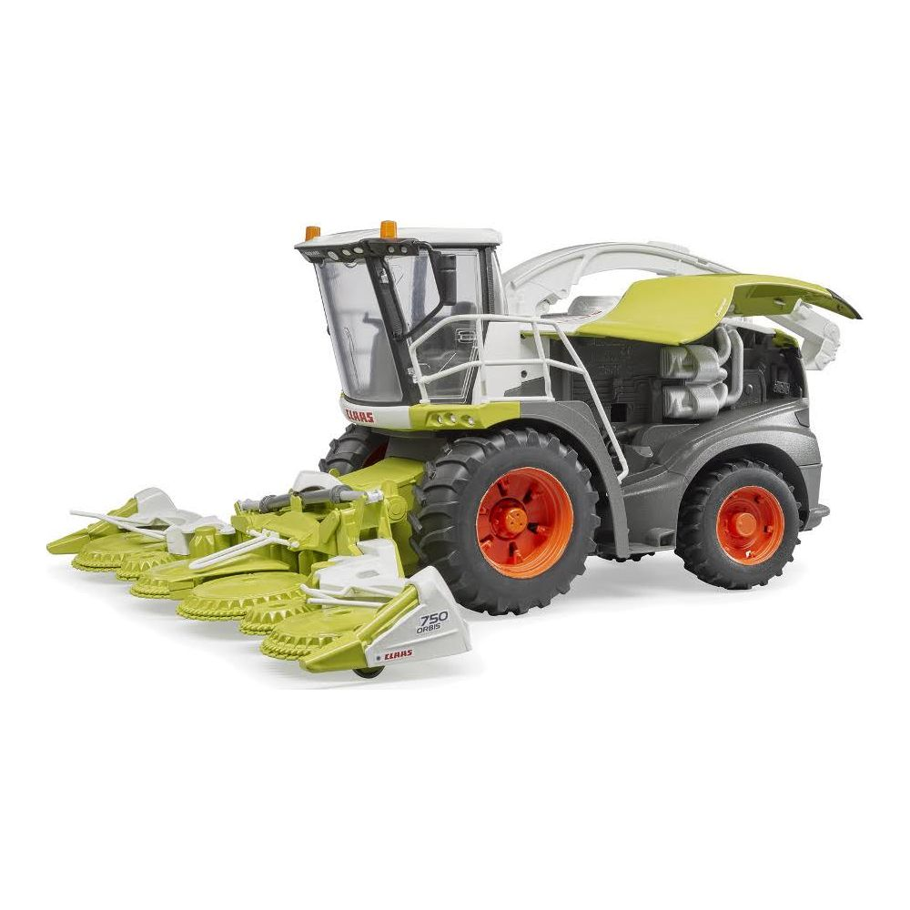 Zielona i szara prasa kombajnowa z szerokim hederem i pomarańczowymi kołami.