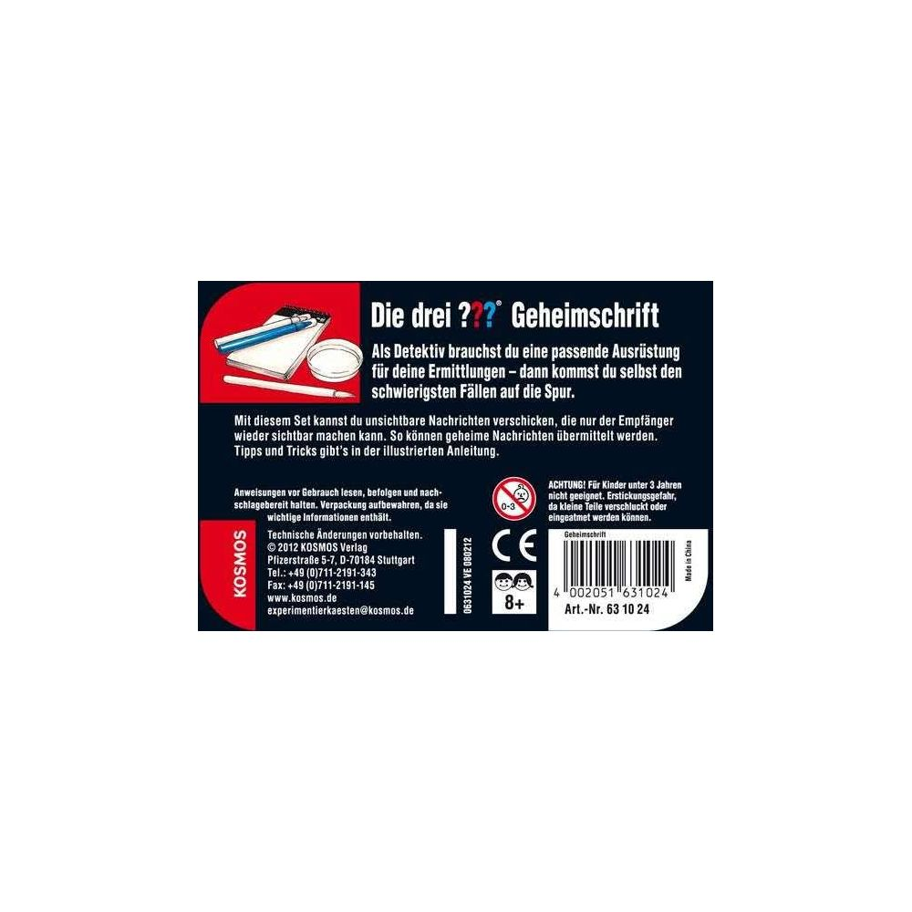 Produktverpackung für ein Detektivspiel mit Text und Symbolen. Enthält Warnhinweise.