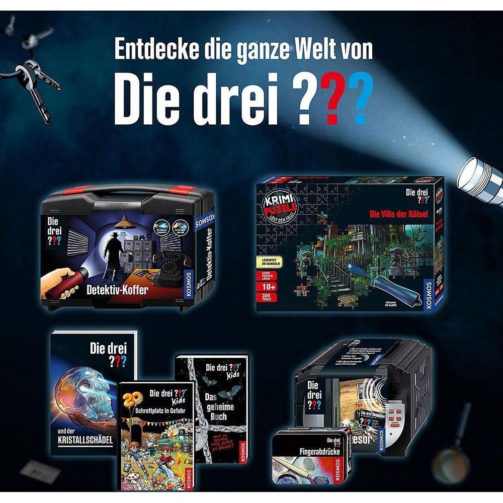 Produktwerbung für 'Die drei ???' mit Detektiv-Koffer, Puzzle, Büchern und Hörspiel.