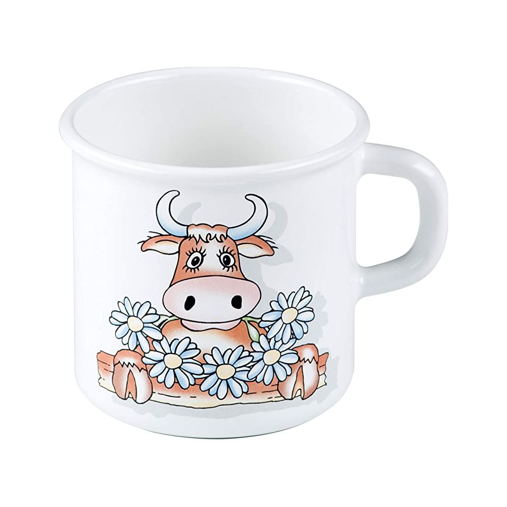 Une tasse blanche avec un motif de vache de dessin animé et des fleurs.