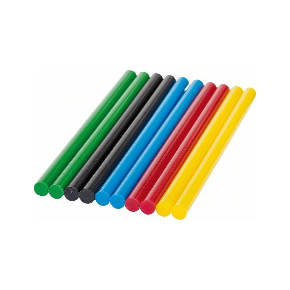 Une rangée de bâtons de colle colorés : vert, noir, bleu, rouge et jaune.
