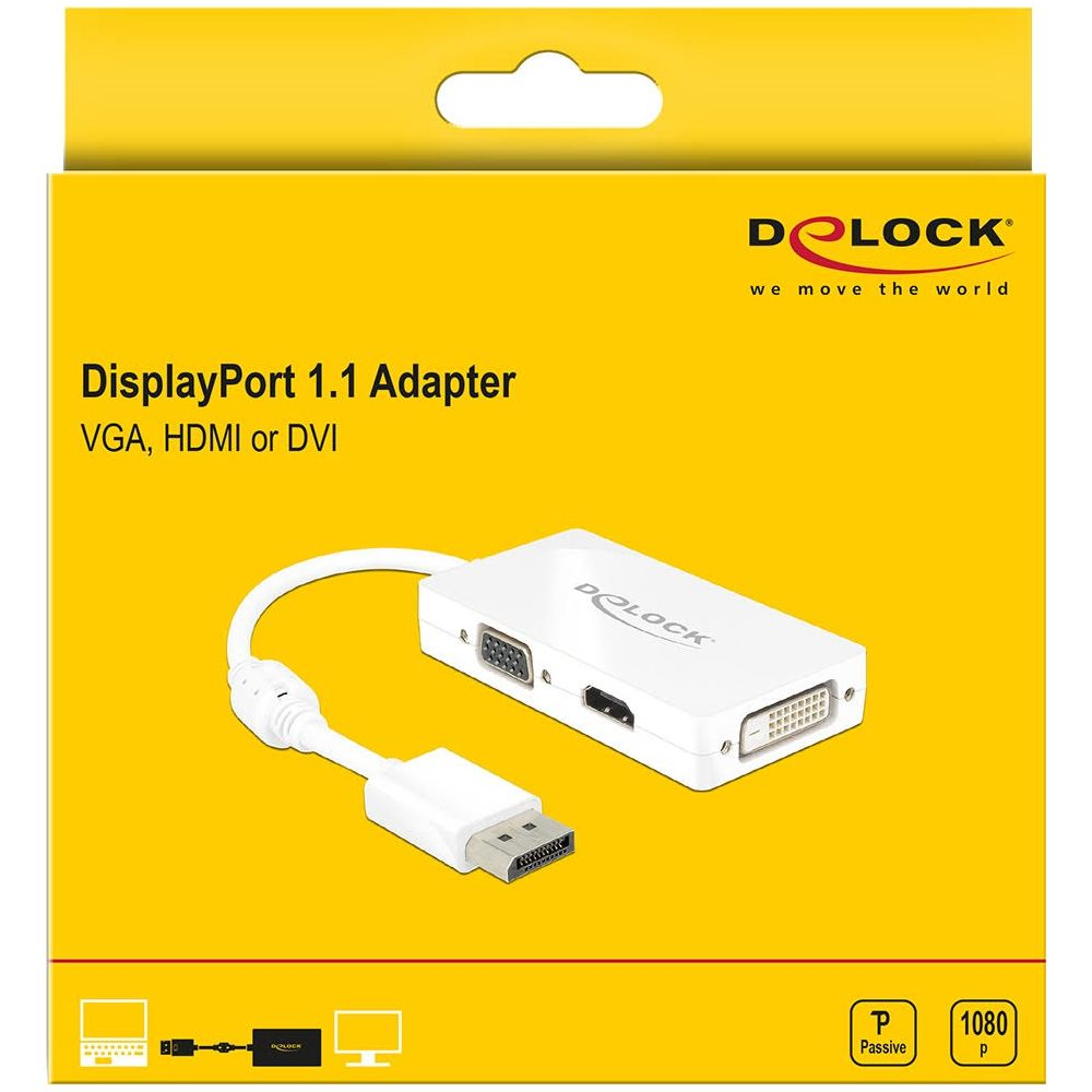 Ein weißer Delock DisplayPort 1.1 Adapter mit VGA-, HDMI- und DVI-Anschlüssen.