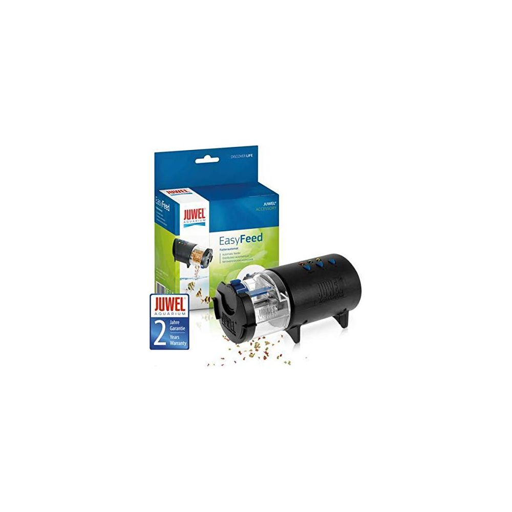 Ein schwarzer Juwel EasyFeed Futterautomat mit Verpackung und zwei Jahren Garantie.
