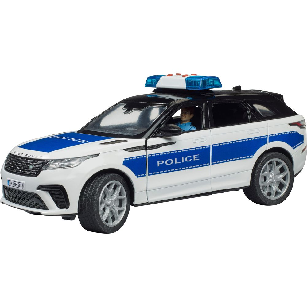 Ein weißer Polizeiwagen mit blauen Streifen und Blaulicht.