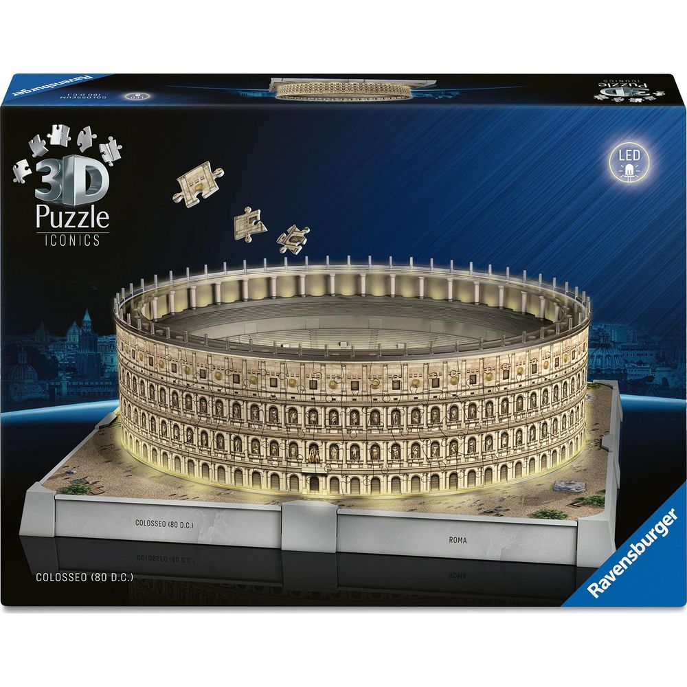 3D-Puzzle des Kolosseums mit LED-Beleuchtung und drei Puzzleteilen.