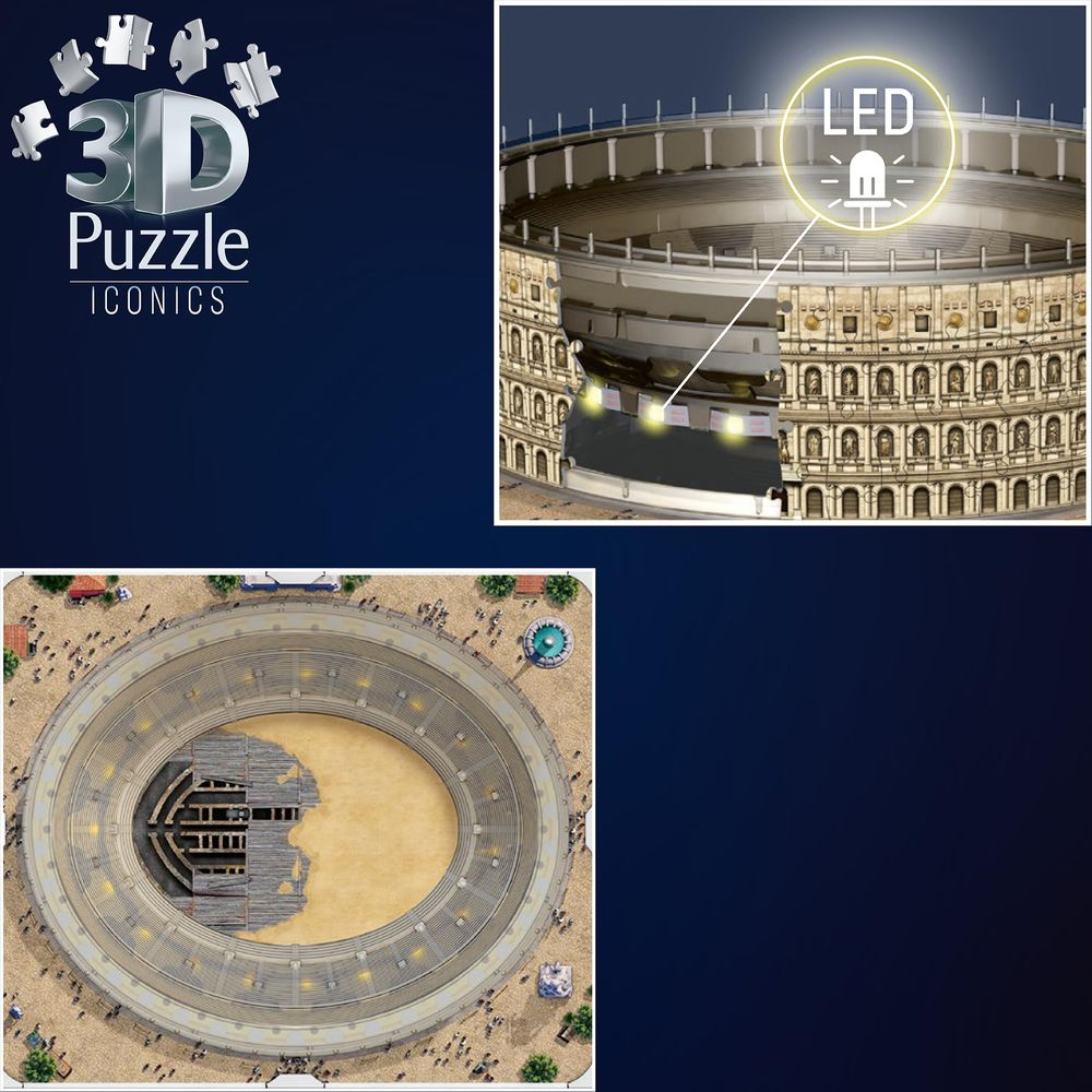 3D-Puzzle-Iconics Kolosseum mit LED-Beleuchtung und detaillierter Innenansicht.