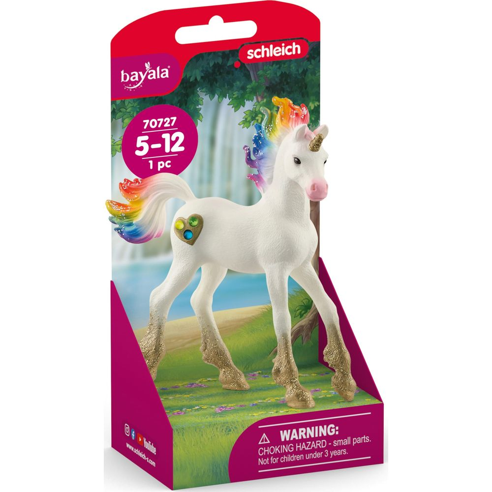 Un giocattolo unicorno bianco con zoccoli dorati e criniera arcobaleno.
