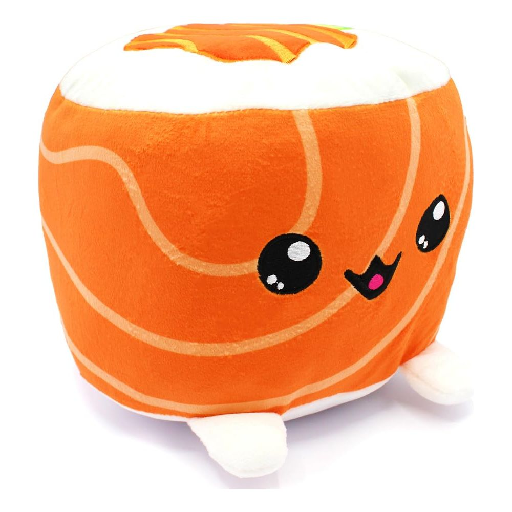 Une peluche de sushi orange avec un visage kawaii et des pieds blancs.