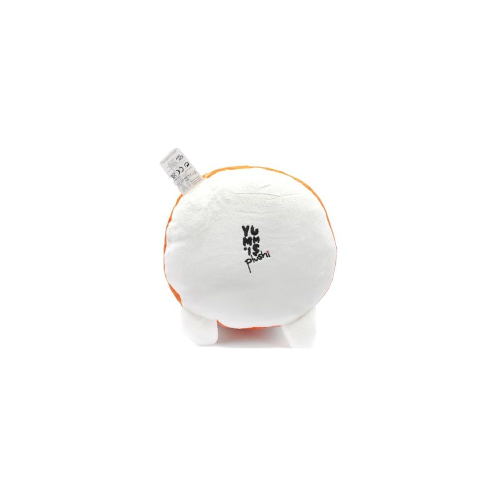 Un jouet en peluche blanc et orange avec le texte 'Yummy Sushi Plush'.