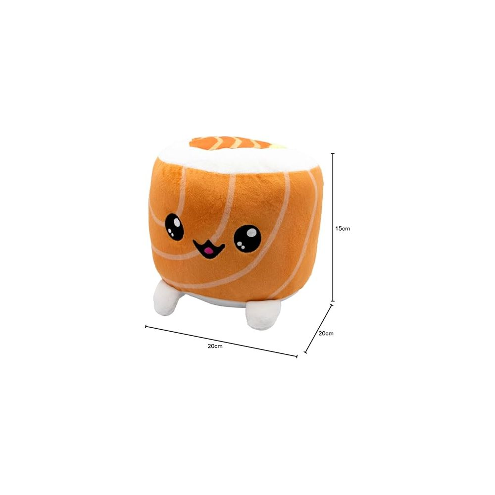 Une peluche sushi orange avec un visage mignon et des pieds blancs.