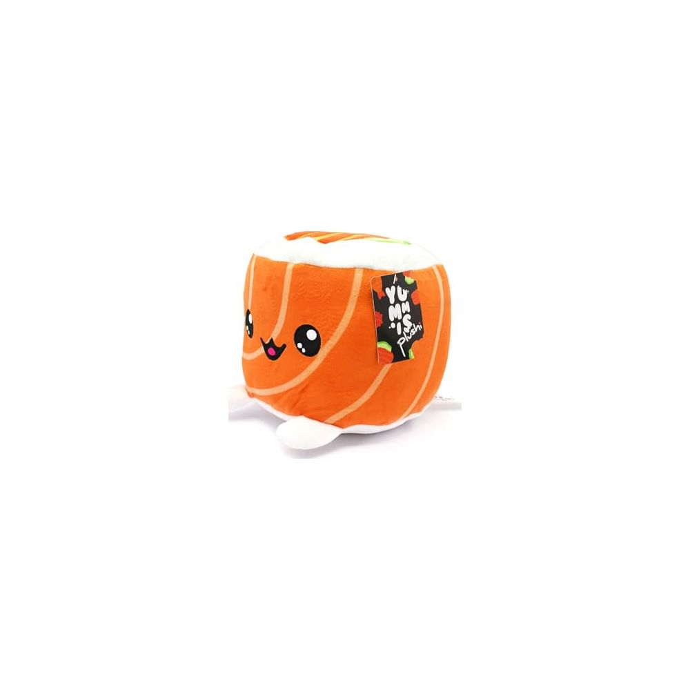 Une peluche de sushi orange avec un visage kawaii et une étiquette 'Yum Yum is Plush'.