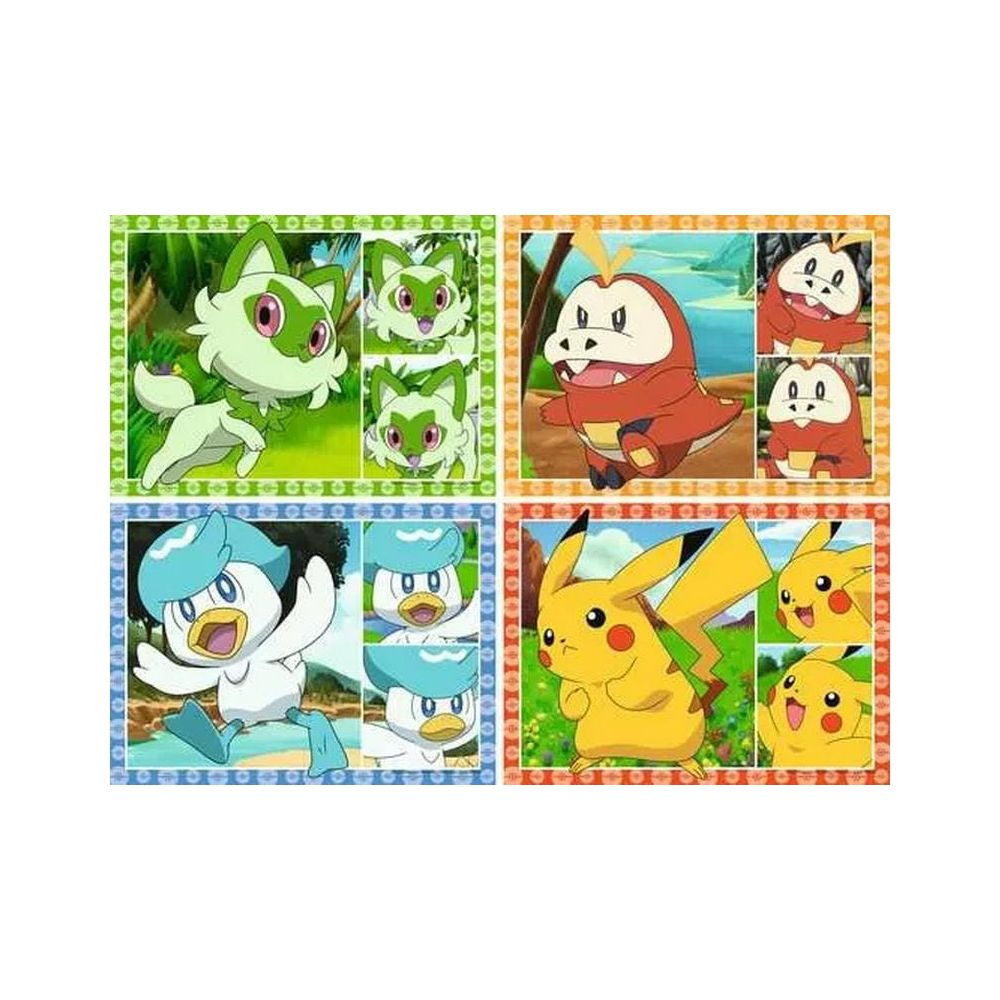 Vier Tafeln zeigen Pokemon: Sprigatito, Fuecoco, Quaxly und Pikachu.