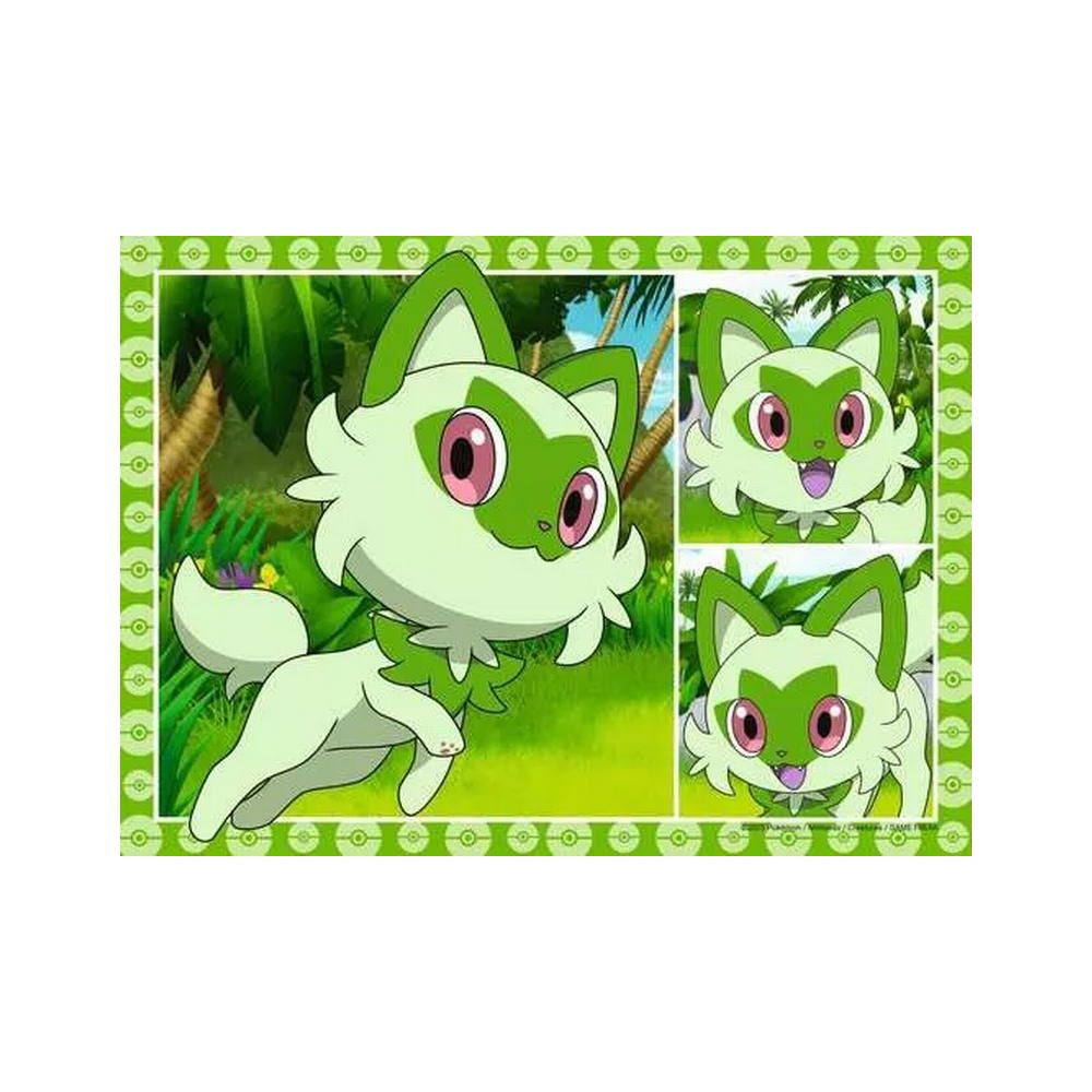 Ein grüner Kater-Pokémon springt in einer Dschungelszene mit drei Nahaufnahmen.