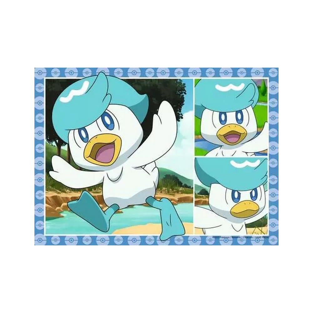 Ein weißer Enten-Pokémon mit türkiser Federhaube, das auf einem Bein steht.