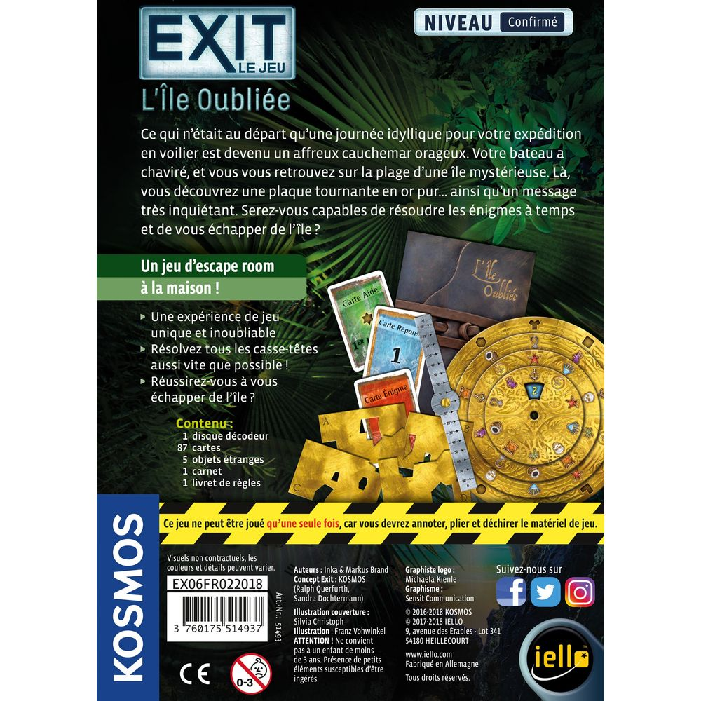 Brettspielbox 'EXIT: Das Spiel - Die vergessene Insel' mit Spielmaterialien. Goldene Scheibe.