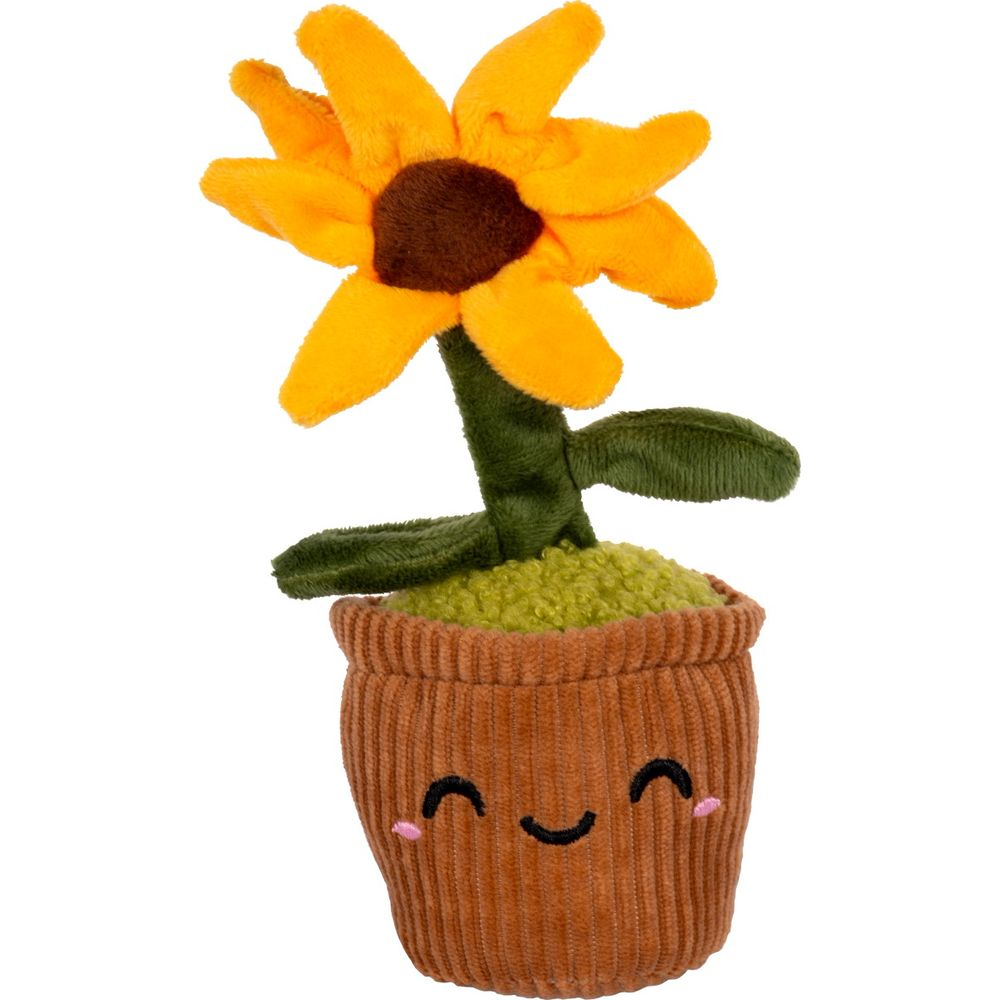 Eine Plüschsonnenblume in einem braunen Topf mit einem lächelnden Gesicht.