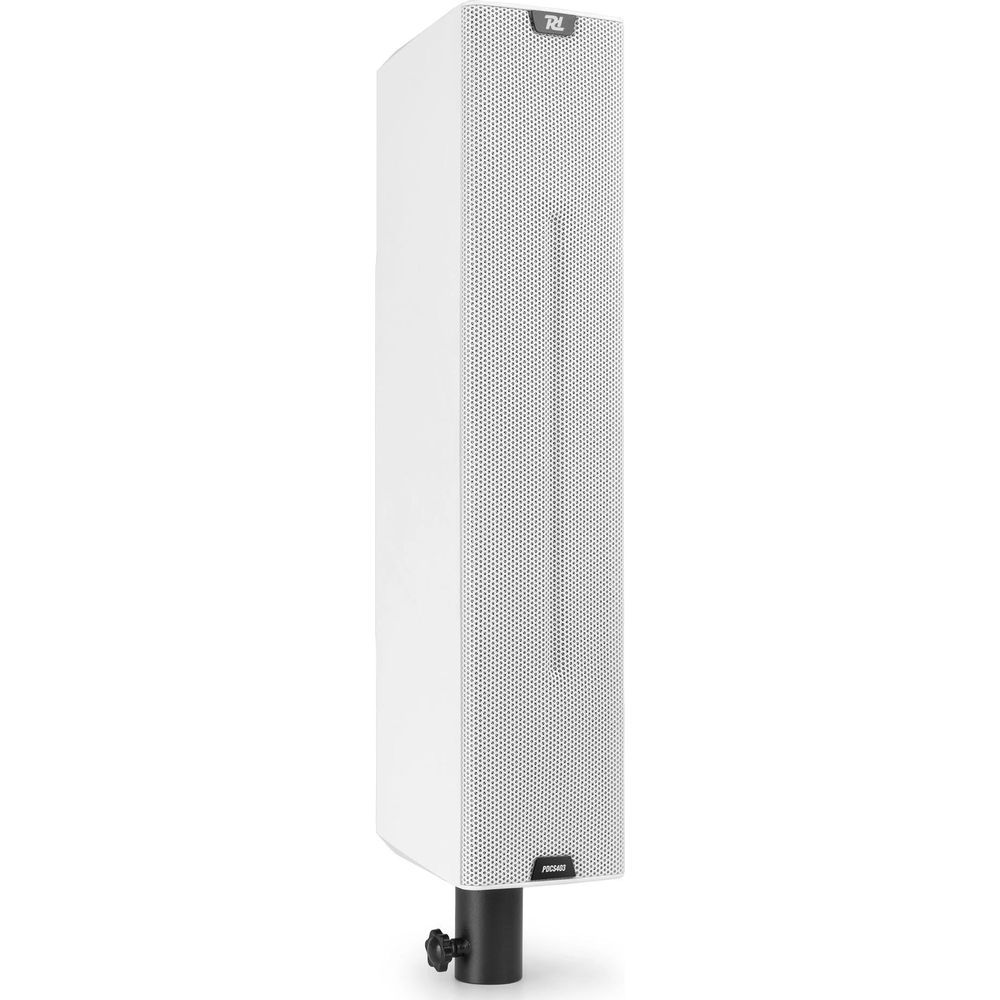 Altavoz de columna blanco con rejilla perforada y soporte negro.