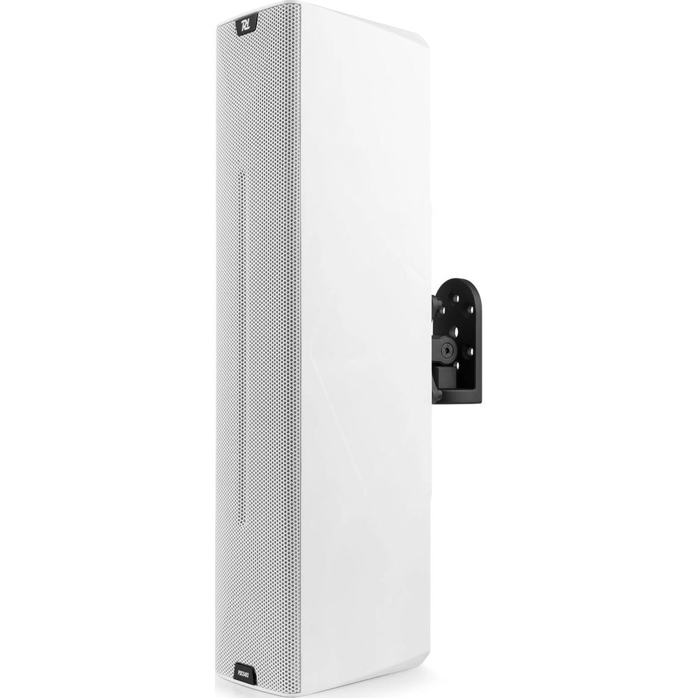 Altavoz blanco con soporte de pared, aislado sobre fondo blanco.