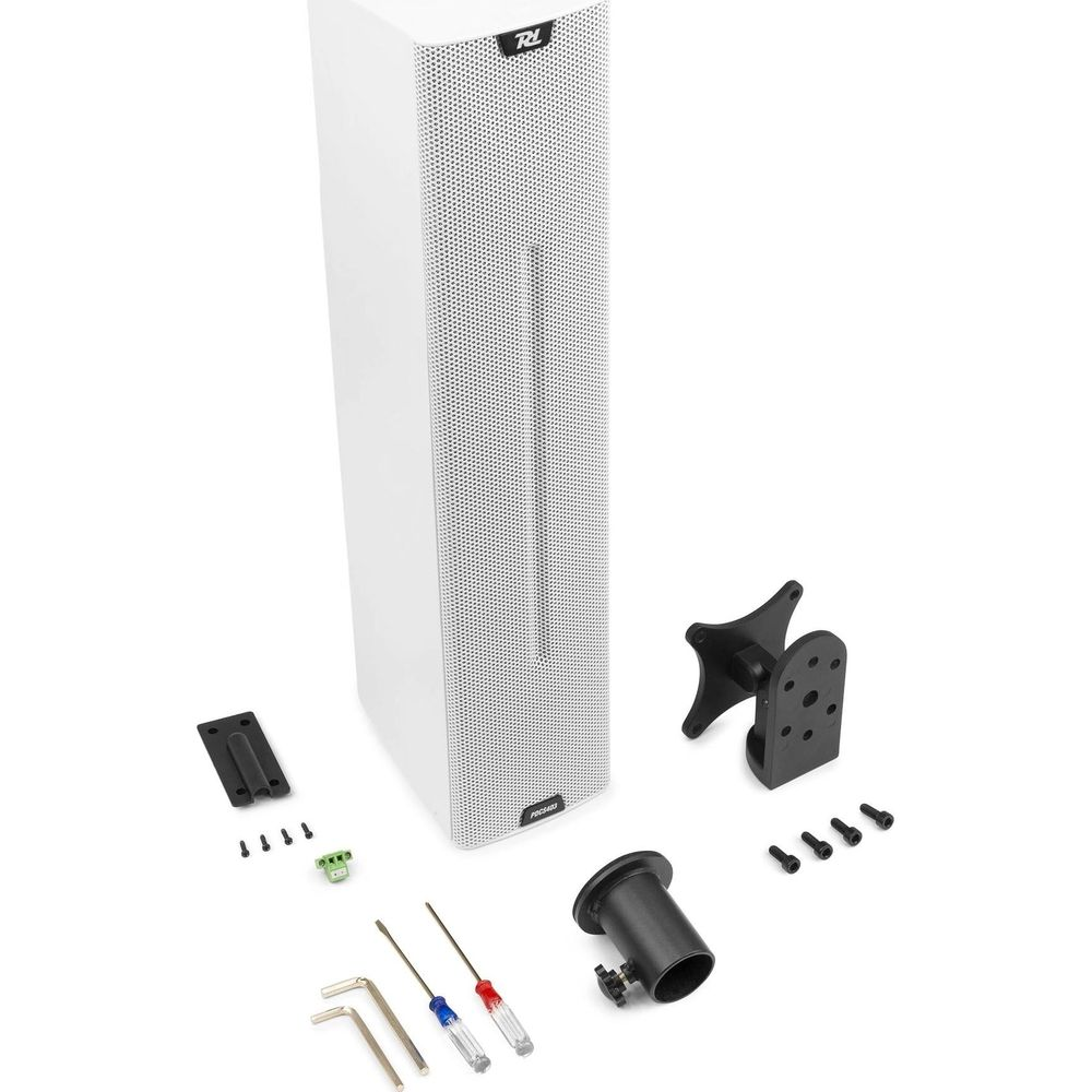 Altavoz blanco y accesorios de montaje: tornillos, herramientas y soportes.