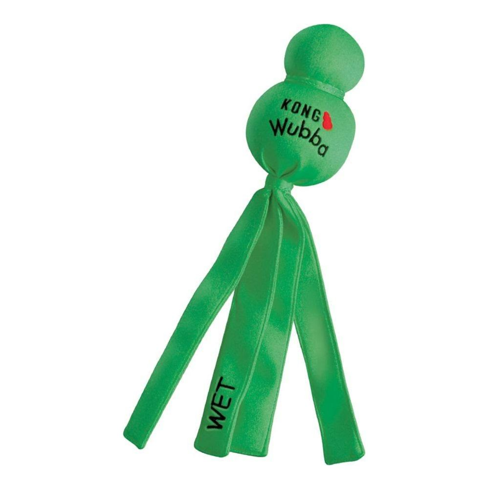 Zielona zabawka dla psa Kong Wubba z trzema ogonami, jeden z napisem WET.