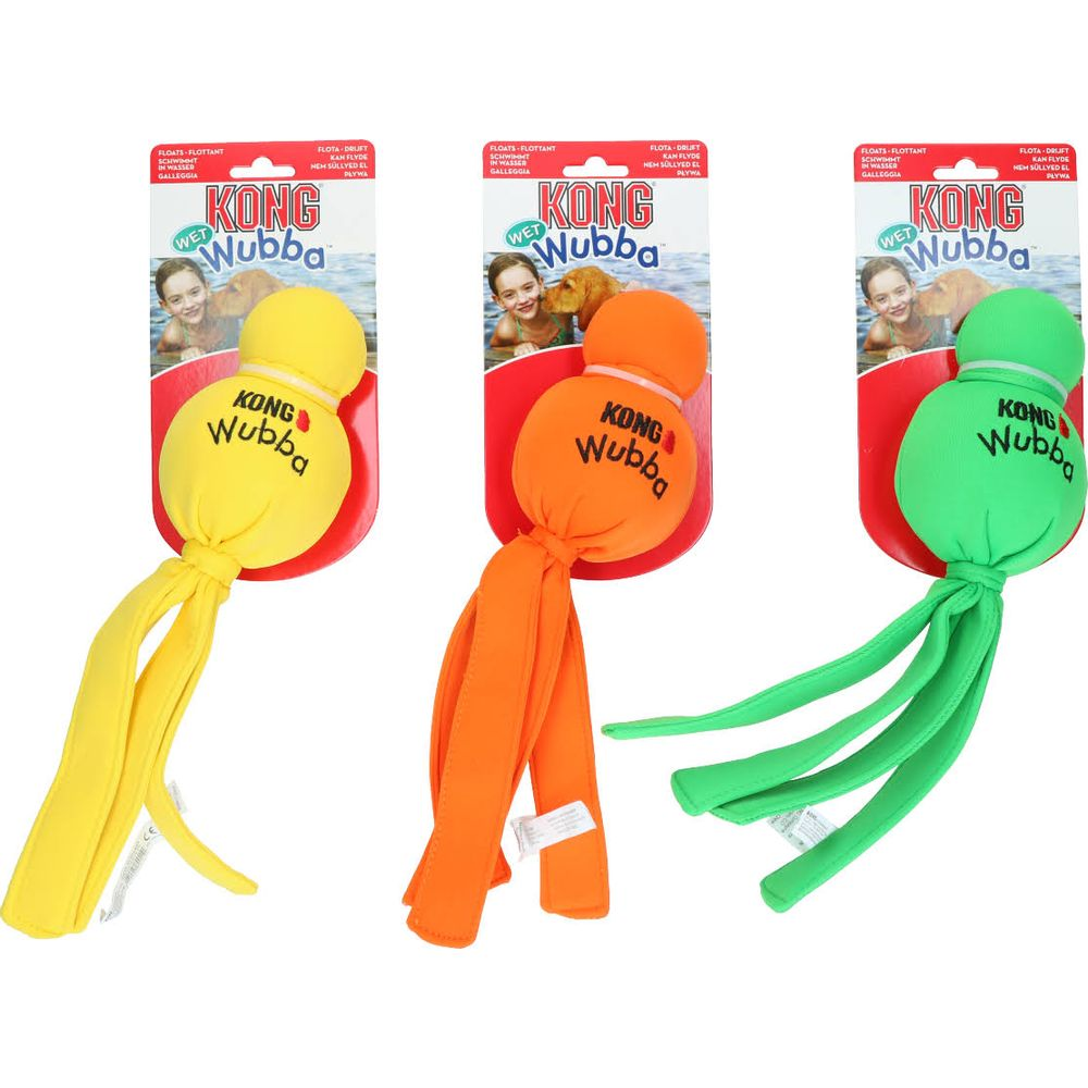 Trzy zabawki dla psa KONG Wubba: żółta, pomarańczowa i zielona.